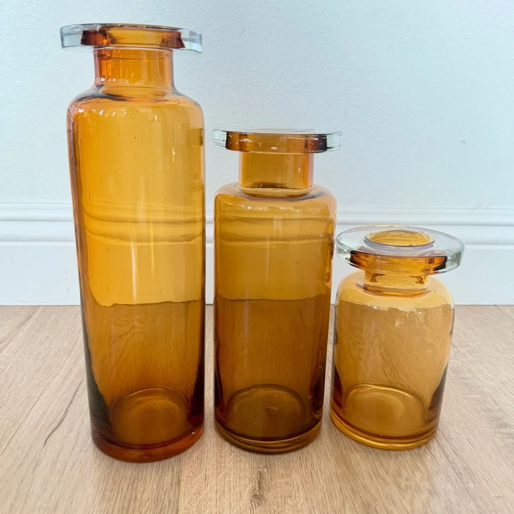 Vtg 3 PCs MCM Blown‎ Hand Made Amber Orange Glass Jars Vases, Wind & Fire Style